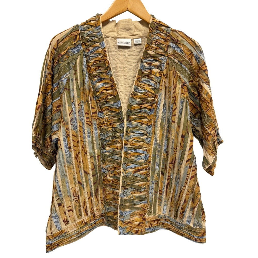 Chicos Earth Tone Textured‎ Cotton Open Front Cardigan Jacket  Boho